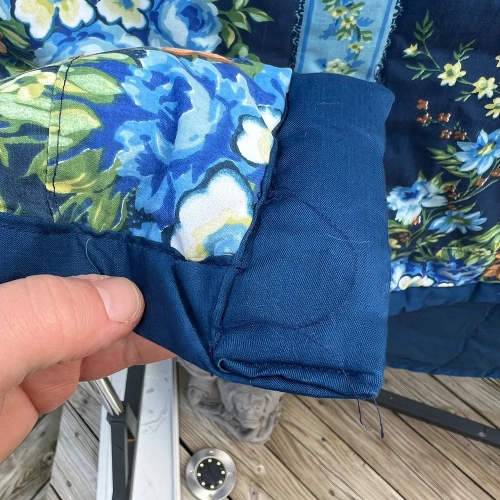 Vtg Handmade Quilt 78x82 Blue Floral Cottagecore Hand Stitched Cotton Full Queen